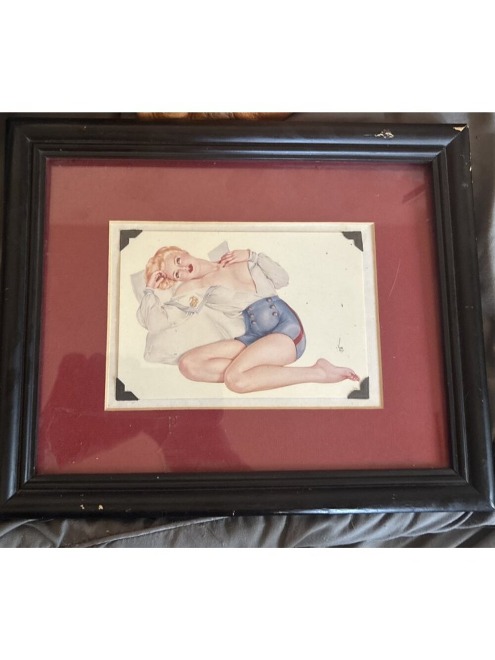 Varga Girl Postcard Pinup Alberto Vargas Blonde Navy Girl Blue Shorts Framed Mat